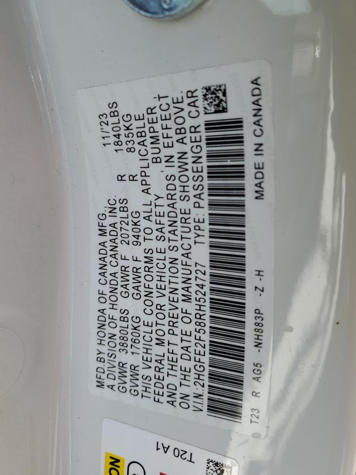 2024 HONDA CIVIC SPORT VIN:2HGFE2F58RH524727