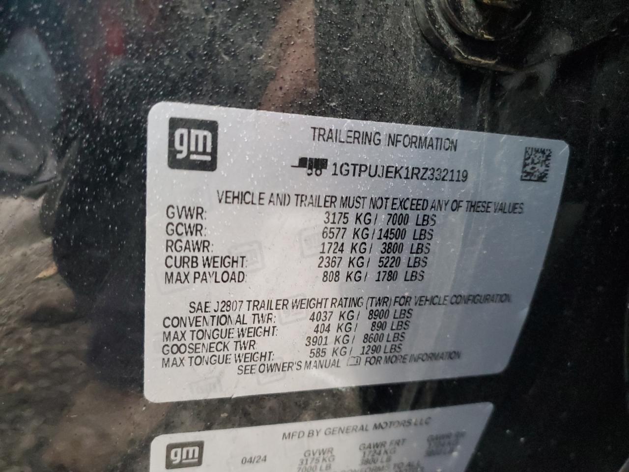 2024 GMC SIERRA K1500 ELEVATION-L VIN:1GTPUJEK1RZ332119