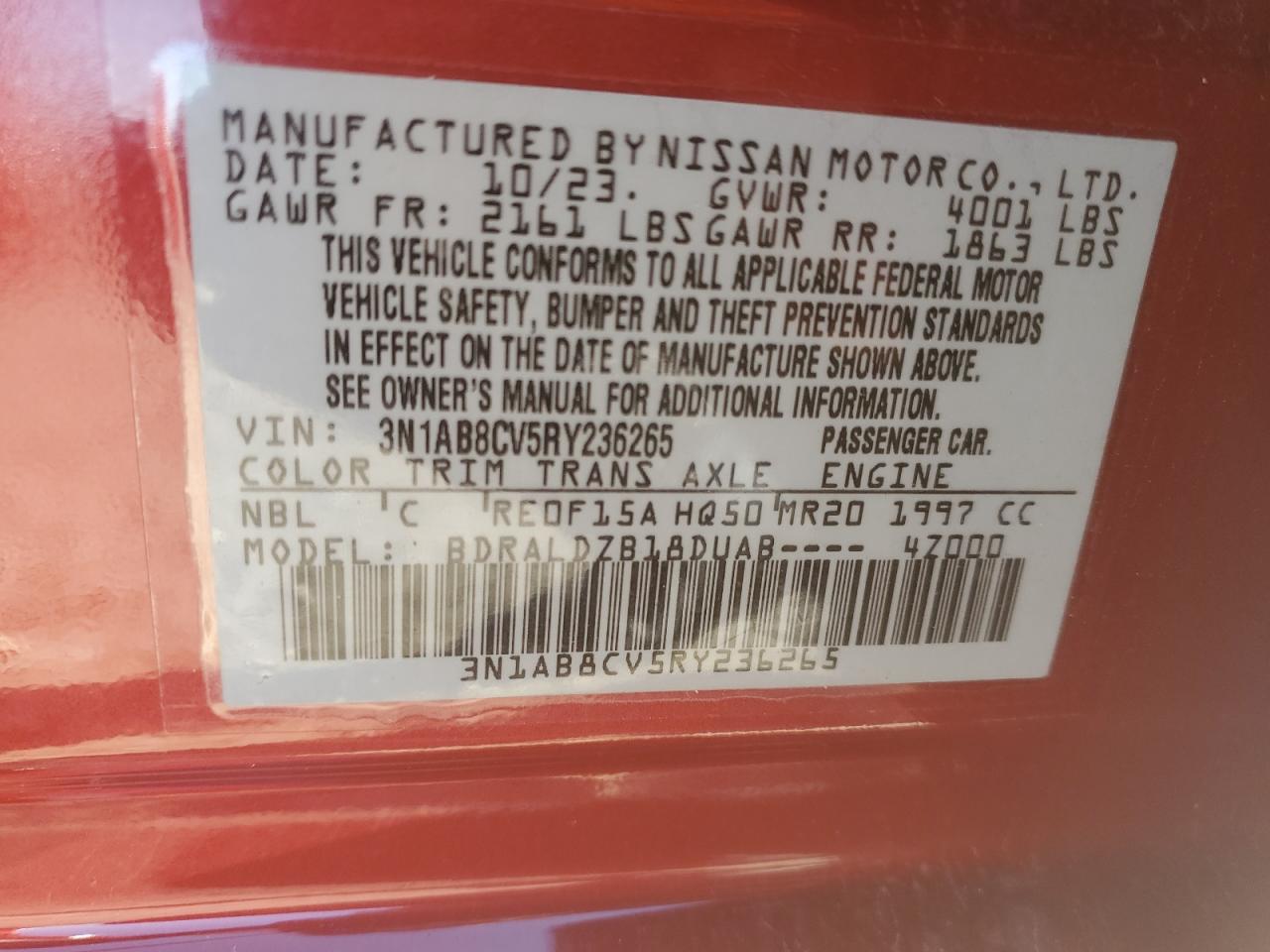 2024 NISSAN SENTRA SV VIN:3N1AB8CV5RY236265