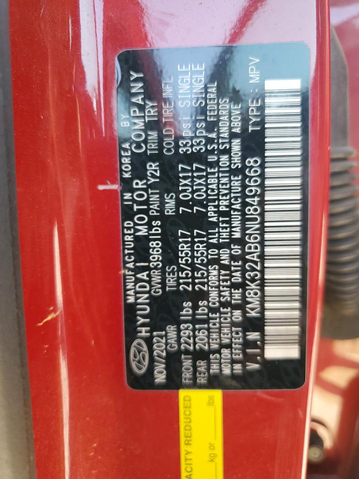 2022 HYUNDAI KONA SEL VIN:KM8K32AB6NU849668