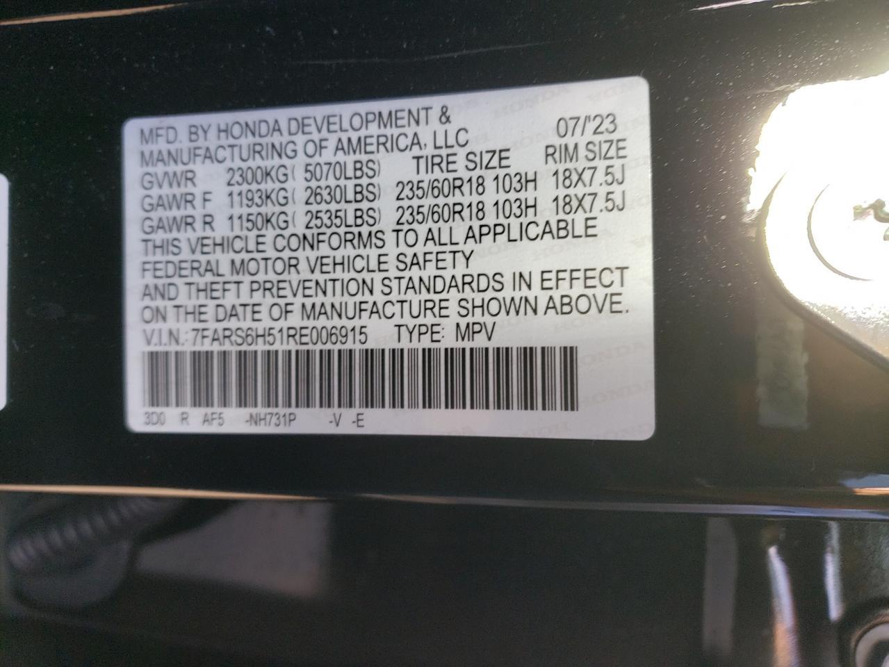 2024 HONDA CR-V SPORT VIN:7FARS6H51RE006915