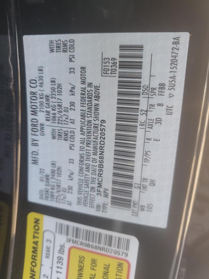 2022 FORD BRONCO SPORT BIG BEND VIN:3FMCR9B68NRD20579