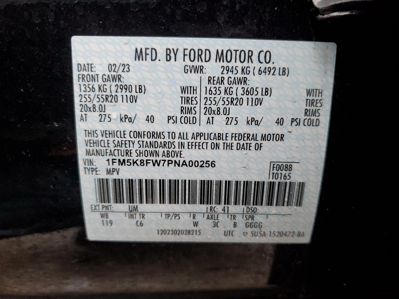 2023 FORD EXPLORER LIMITED VIN:1FM5K8FW7PNA00256