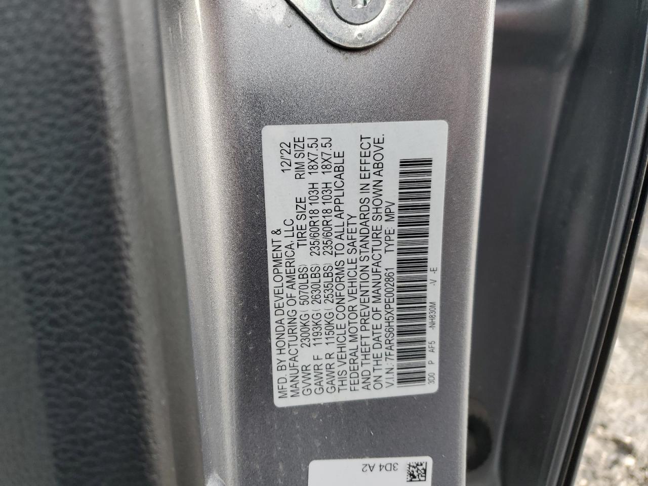 2023 HONDA CR-V SPORT VIN:7FARS6H5XPE002861