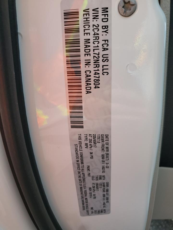2022 CHRYSLER PACIFICA HYBRID TOURING L VIN:2C4RC1L72NR147804