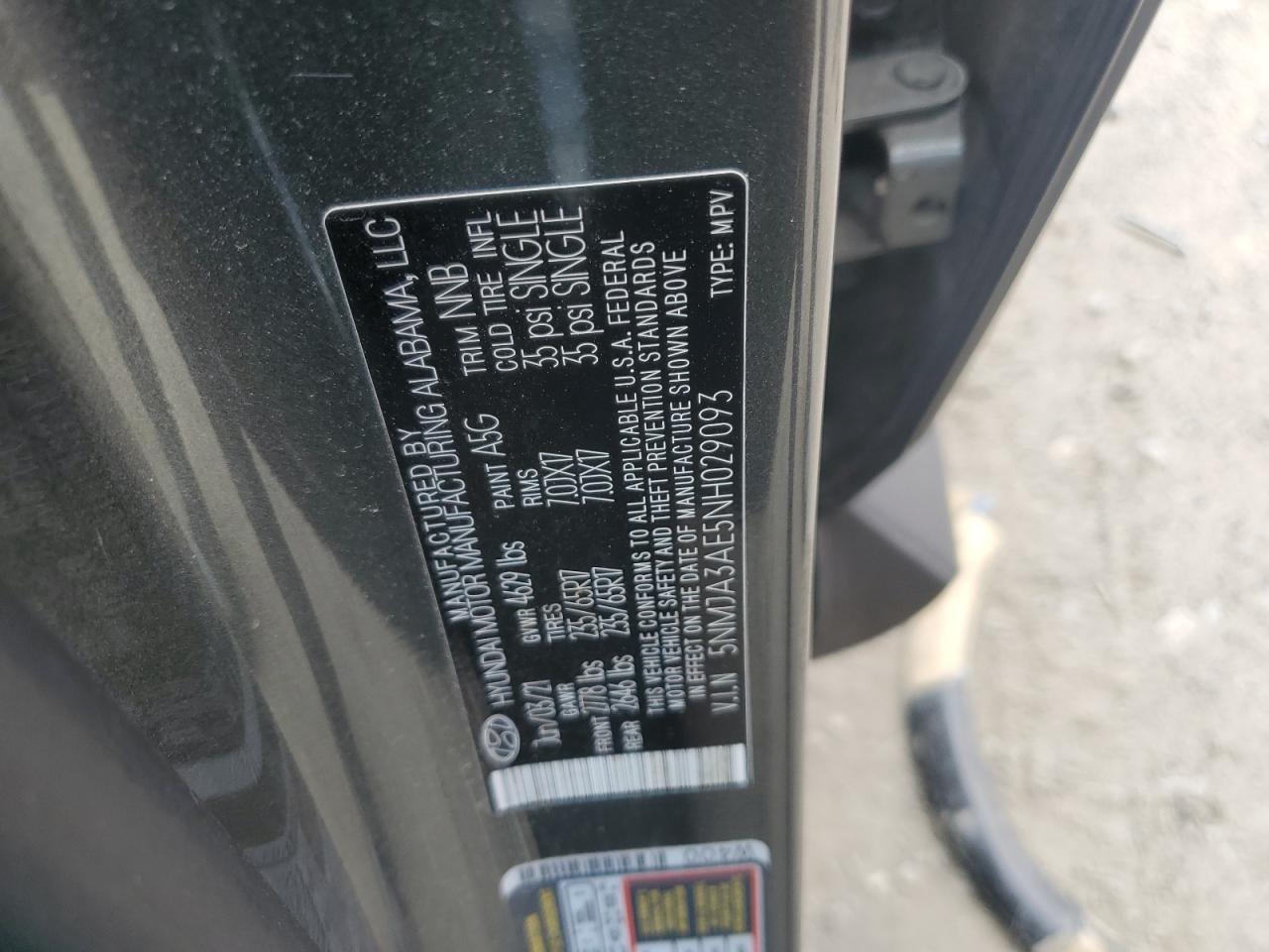 2022 HYUNDAI TUCSON SE VIN:5NMJA3AE5NH029093