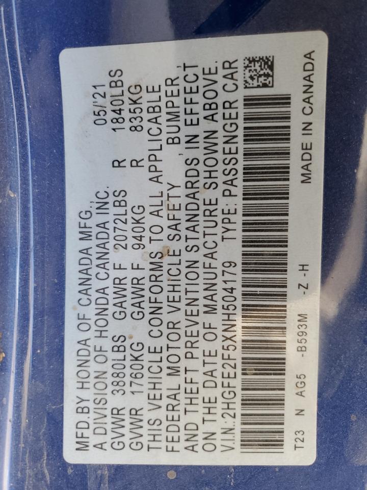 2022 HONDA CIVIC SPORT VIN:2HGFE2F5XNH504179