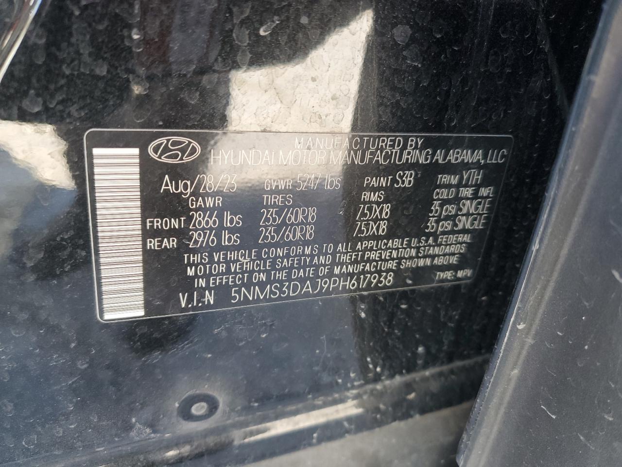 2023 HYUNDAI SANTA FE SEL PREMIUM VIN:5NMS3DAJ9PH617938