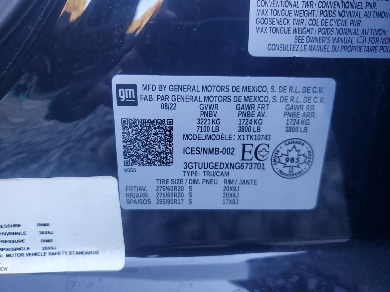 2022 GMC SIERRA K1500 DENALI VIN:3GTUUGEDXNG673701