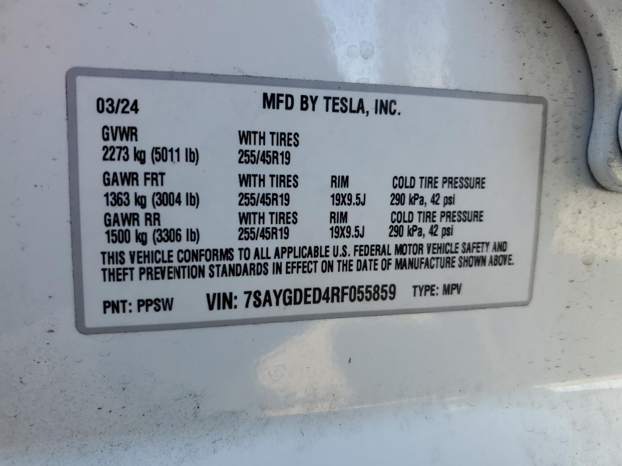 2024 TESLA MODEL Y  VIN:7SAYGDED4RF055859