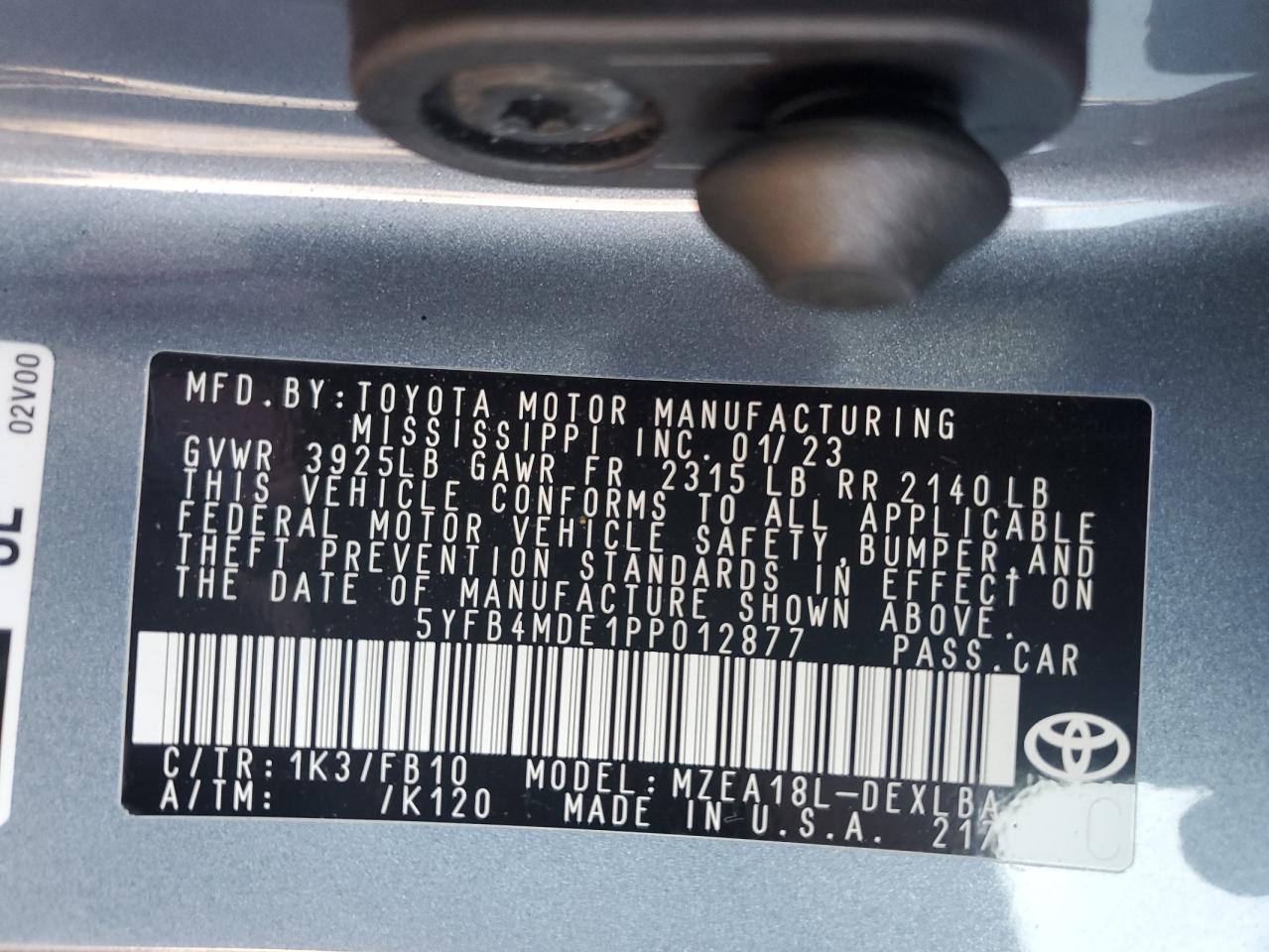 2023 TOYOTA COROLLA LE VIN:5YFB4MDE1PP012877