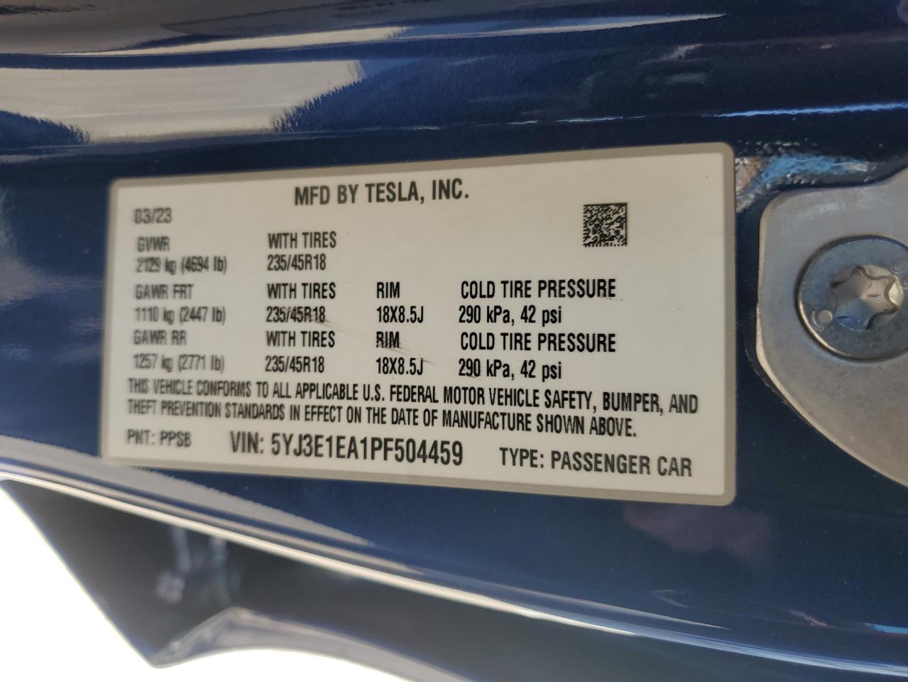 2023 TESLA MODEL 3  VIN:5YJ3E1EA1PF504459
