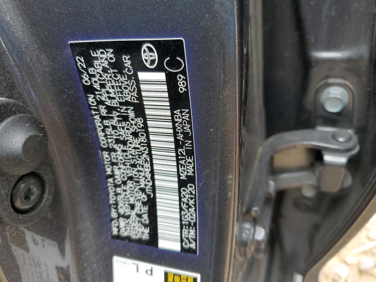 2022 TOYOTA COROLLA SE VIN:JTND4MBE2N3180198