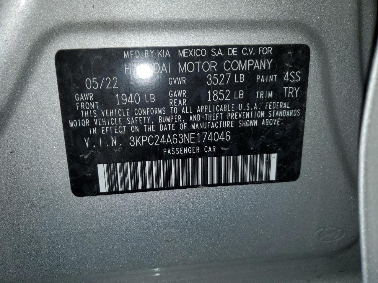 2022 HYUNDAI ACCENT SE VIN:3KPC24A63NE174046