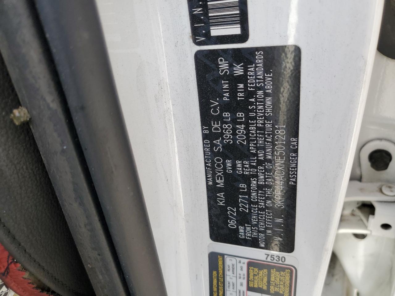 2022 KIA FORTE GT VIN:3KPF44ACXNE501281