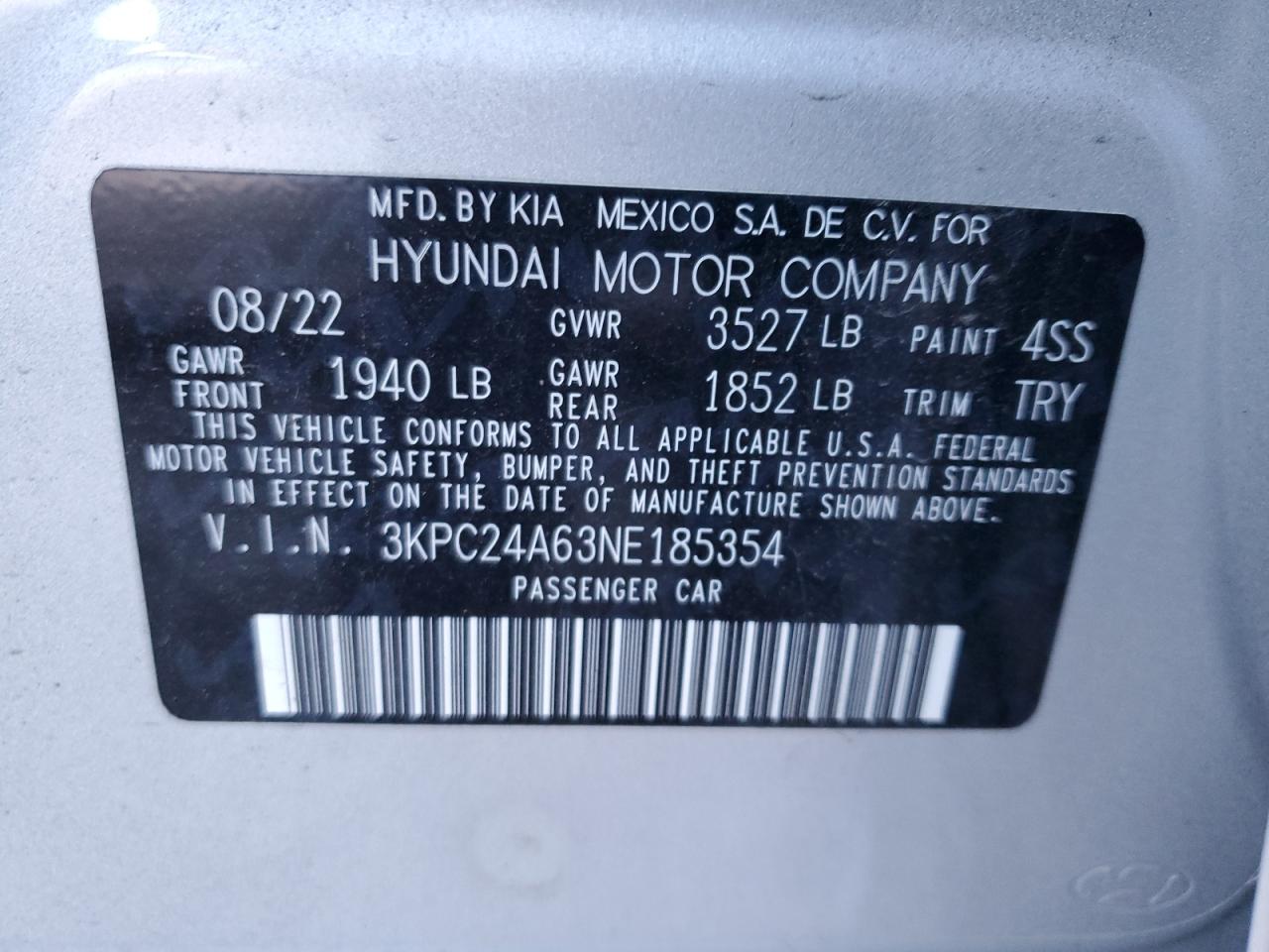 2022 HYUNDAI ACCENT SE VIN:3KPC24A63NE185354