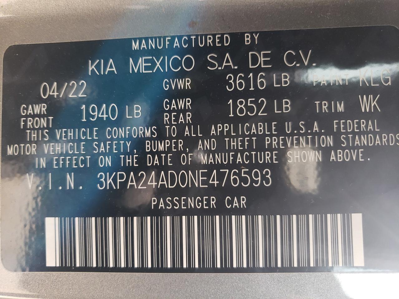 2022 KIA RIO LX VIN:3KPA24AD0NE476593