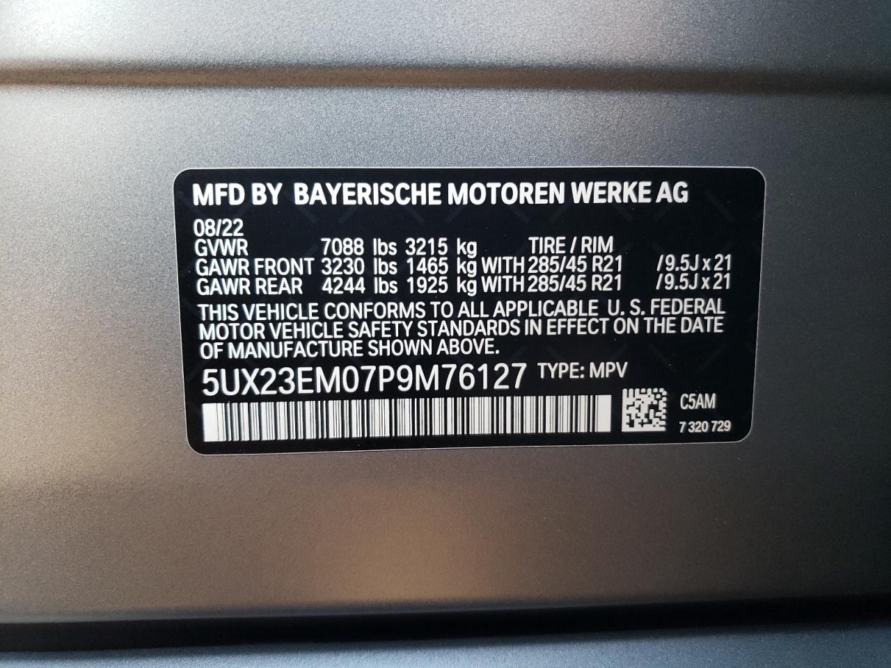 2023 BMW X7 XDRIVE40I VIN:5UX23EM07P9M76127