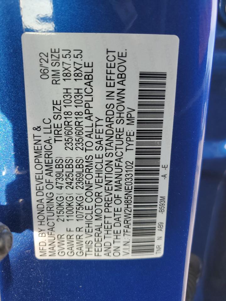 2022 HONDA CR-V EXL VIN:7FARW2H85NE033102