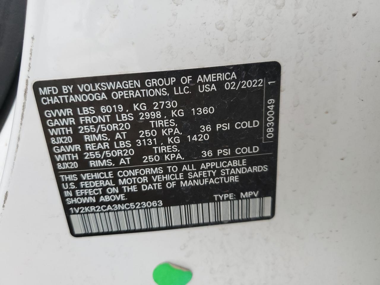 2022 VOLKSWAGEN ATLAS SE VIN:1V2KR2CA3NC523063