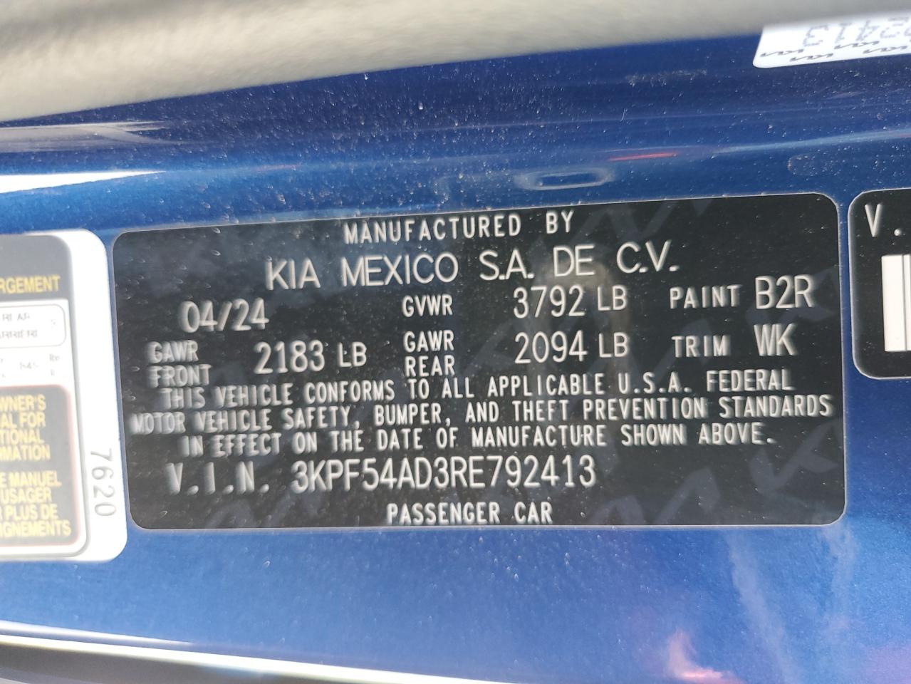 2024 KIA FORTE GT LINE VIN:3KPF54AD3RE792413