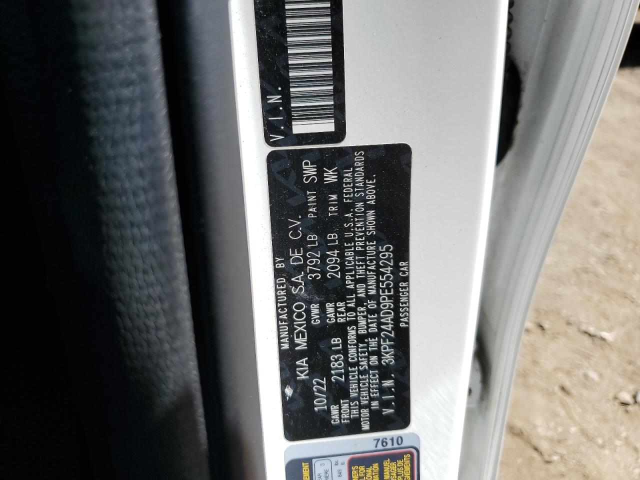 2023 KIA FORTE LX VIN:3KPF24AD9PE554295