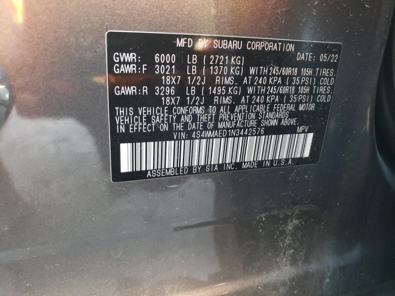 2022 SUBARU ASCENT PREMIUM VIN:4S4WMAED1N3442576