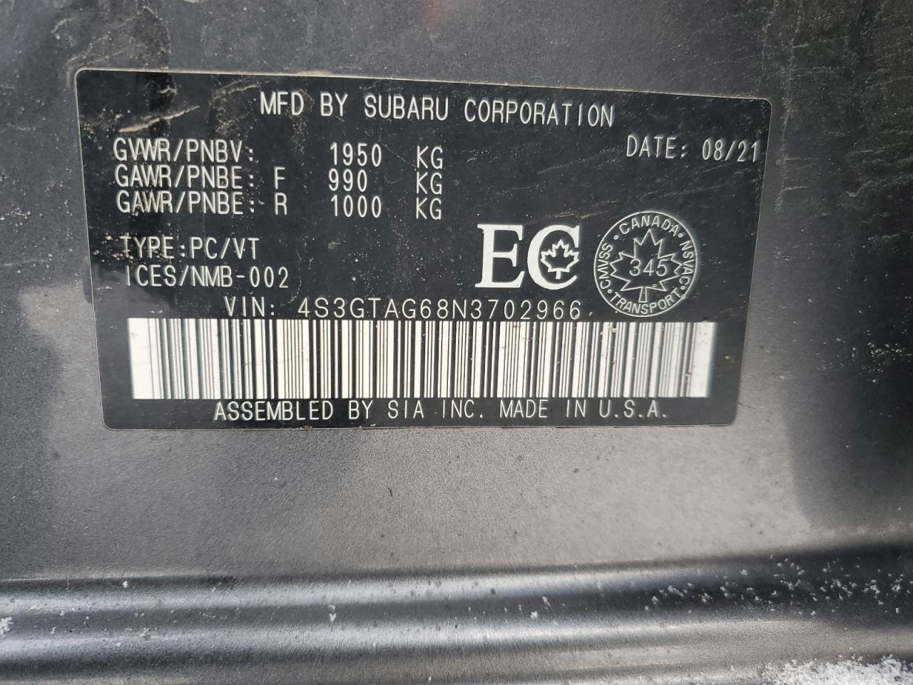 2022 SUBARU IMPREZA  VIN:4S3GTAG68N3702966