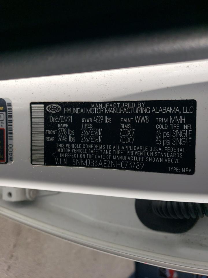 2022 HYUNDAI TUCSON SEL VIN:5NMJB3AE2NH073789