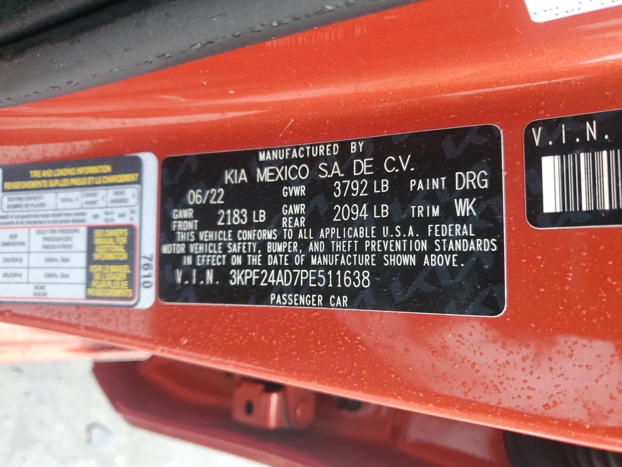 2023 KIA FORTE LX VIN:3KPF24AD7PE511638