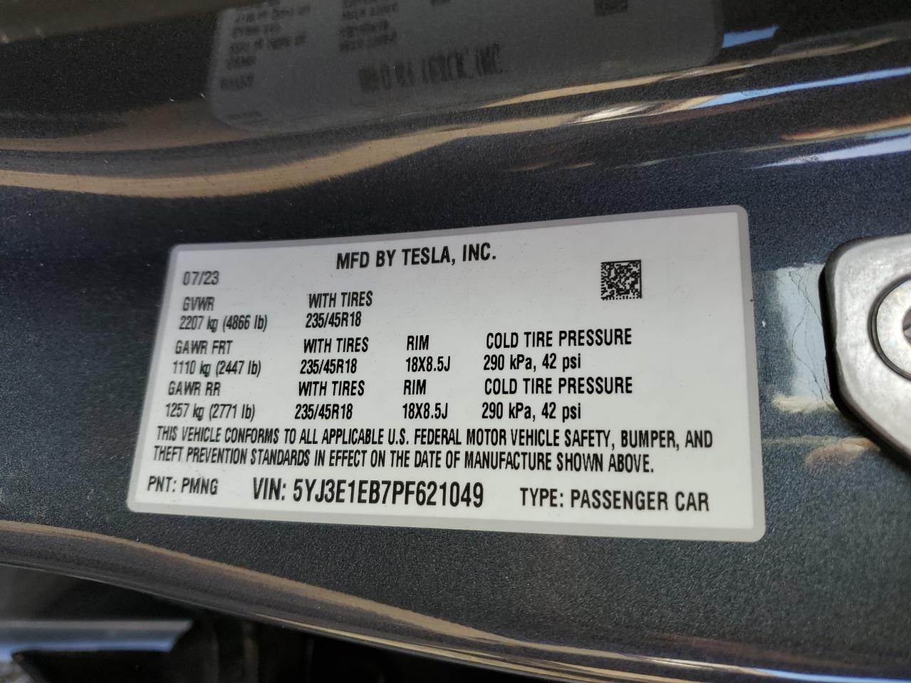 2023 TESLA MODEL 3  VIN:5YJ3E1EB7PF621049