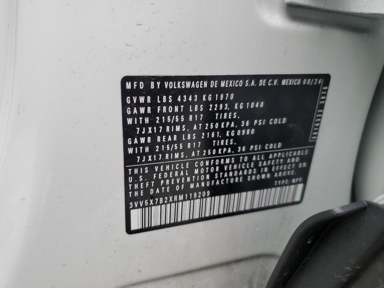 2024 VOLKSWAGEN TAOS S VIN:3VV5X7B2XRM119209