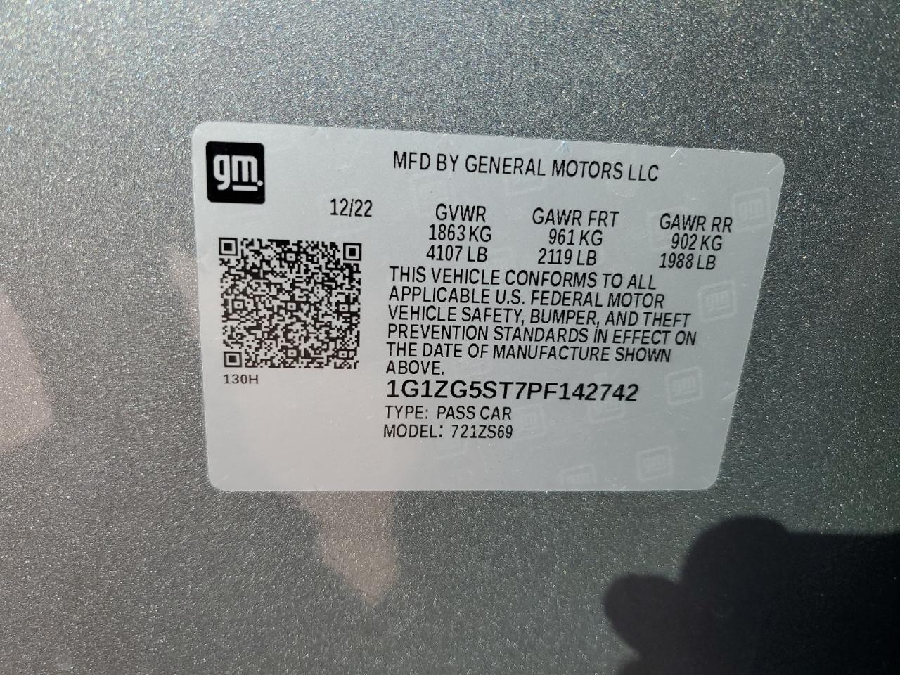 2023 CHEVROLET MALIBU RS VIN:1G1ZG5ST7PF142742