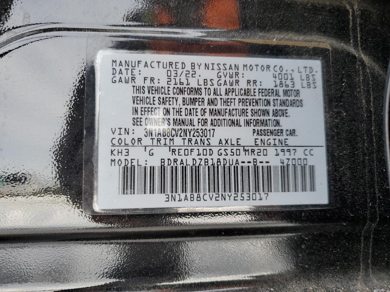 2022 NISSAN SENTRA SV VIN:3N1AB8CV2NY253017
