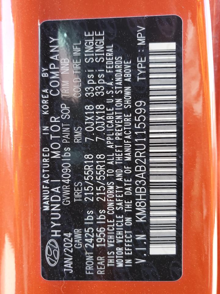 2024 HYUNDAI KONA SEL VIN:KM8HB3AB2RU115599