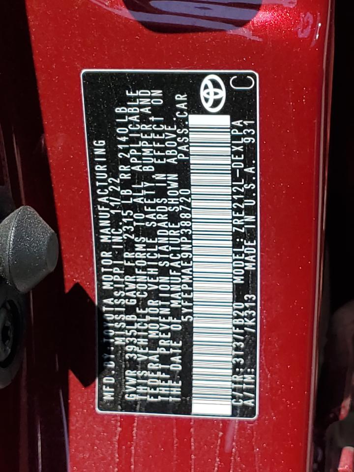 2022 TOYOTA COROLLA LE VIN:5YFEPMAE9NP388720