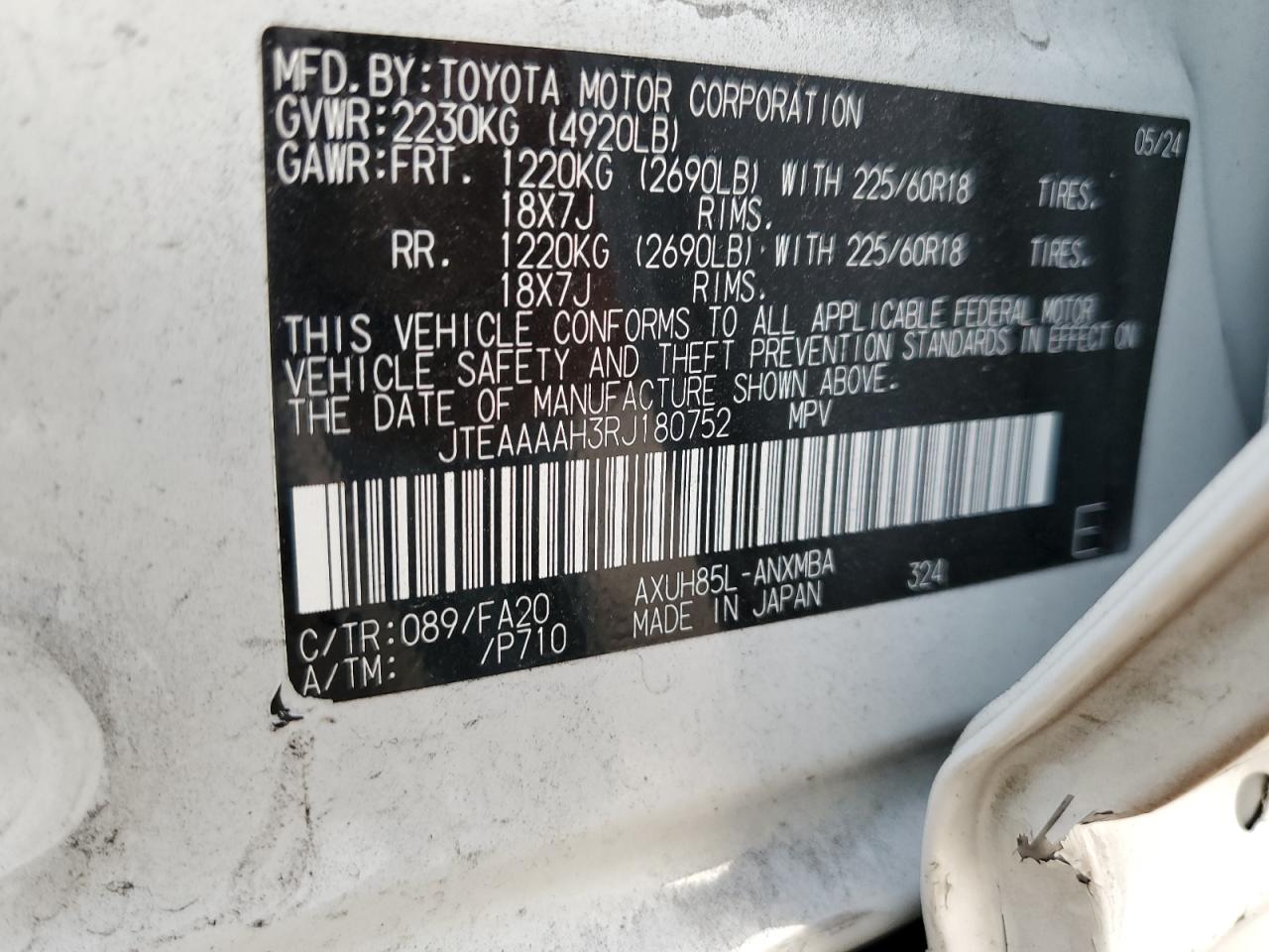 2024 TOYOTA VENZA LE VIN:JTEAAAAH3RJ180752