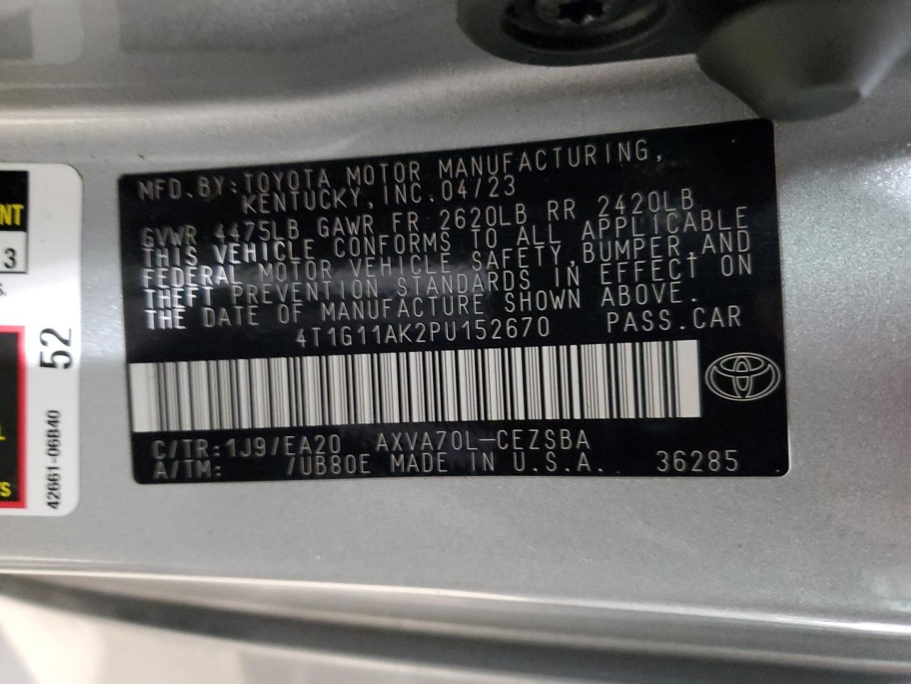 2023 TOYOTA CAMRY SE NIGHT SHADE VIN:4T1G11AK2PU152670