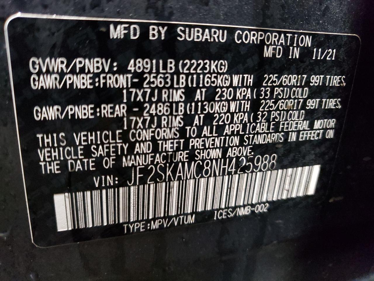 2022 SUBARU FORESTER WILDERNESS VIN:JF2SKAMC8NH425988