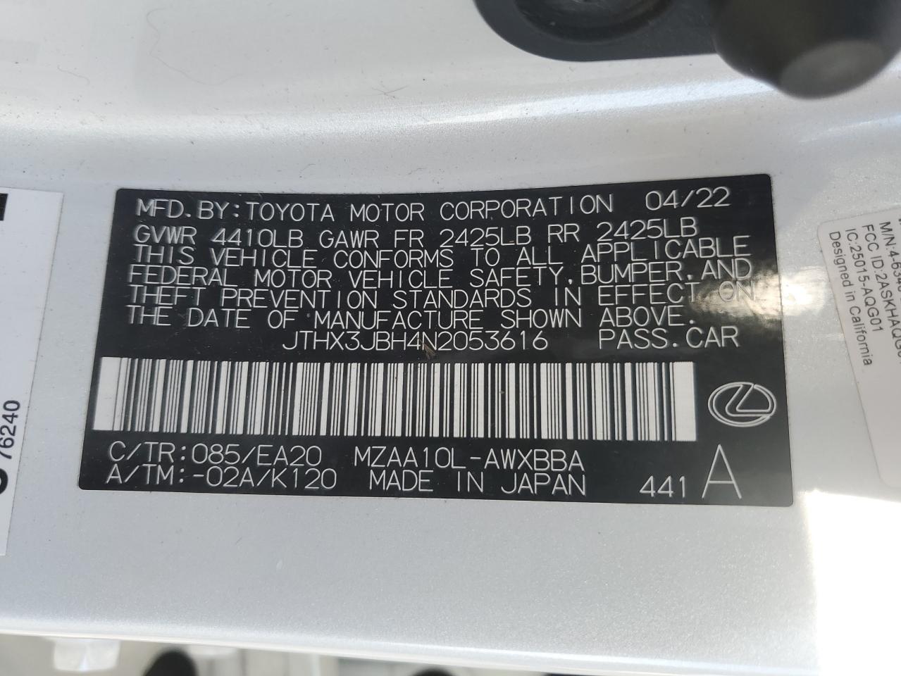 2022 LEXUS UX 200 BASE VIN:JTHX3JBH4N2053616