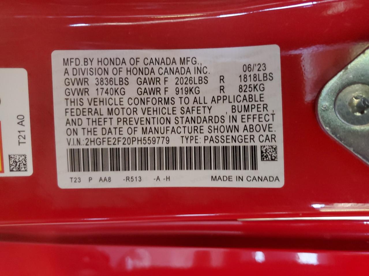 2023 HONDA CIVIC LX VIN:2HGFE2F20PH559779