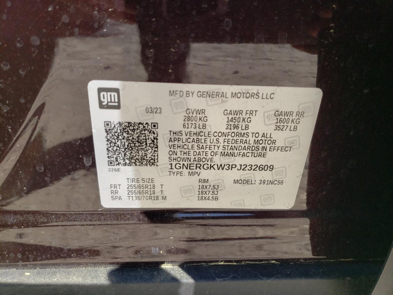 2023 CHEVROLET TRAVERSE LT VIN:1GNERGKW3PJ232609