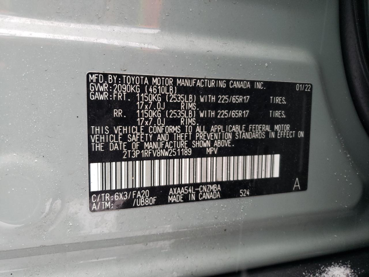 2022 TOYOTA RAV4 XLE VIN:2T3P1RFV8NW251189