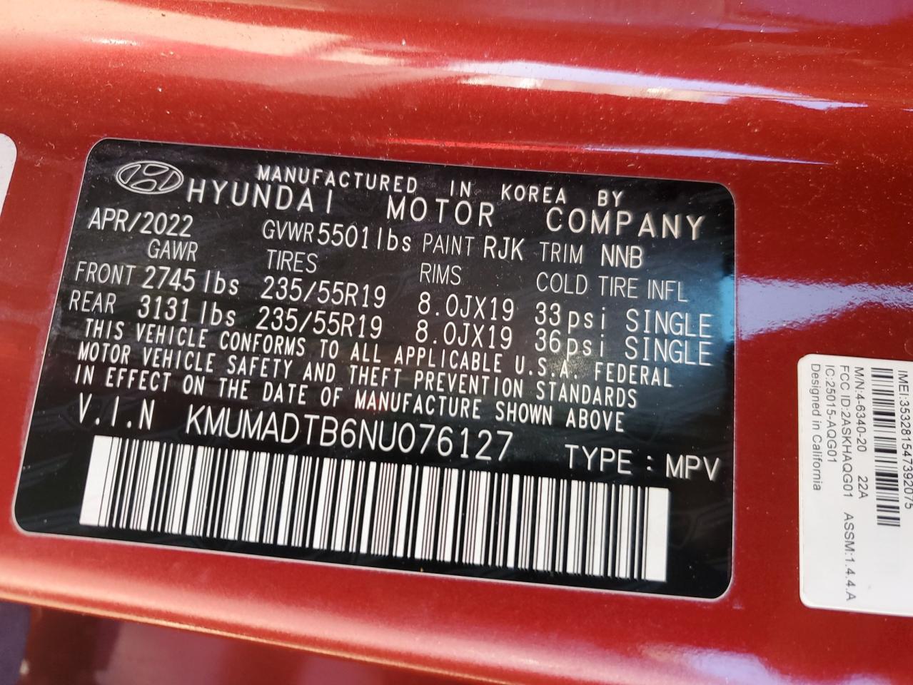 2022 GENESIS GV70 BASE VIN:KMUMADTB6NU076127