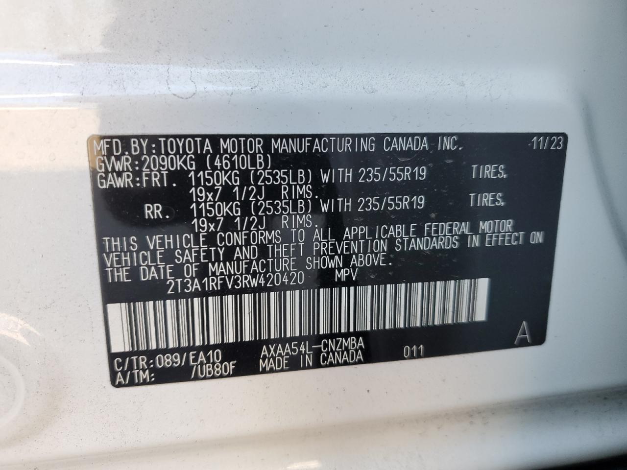 2024 TOYOTA RAV4 XLE PREMIUM VIN:2T3A1RFV3RW420420