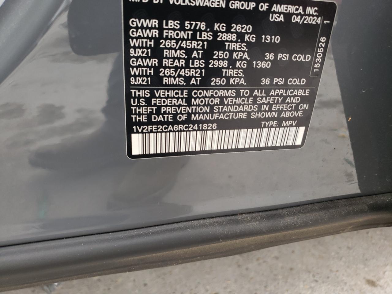 2024 VOLKSWAGEN ATLAS CROSS SPORT SEL PREMIUM R-LINE VIN:1V2FE2CA6RC241826