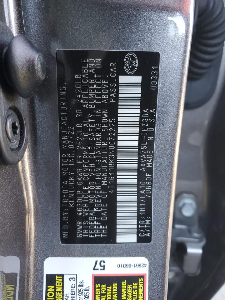 2022 TOYOTA CAMRY SE VIN:4T1G11BK3NU072225