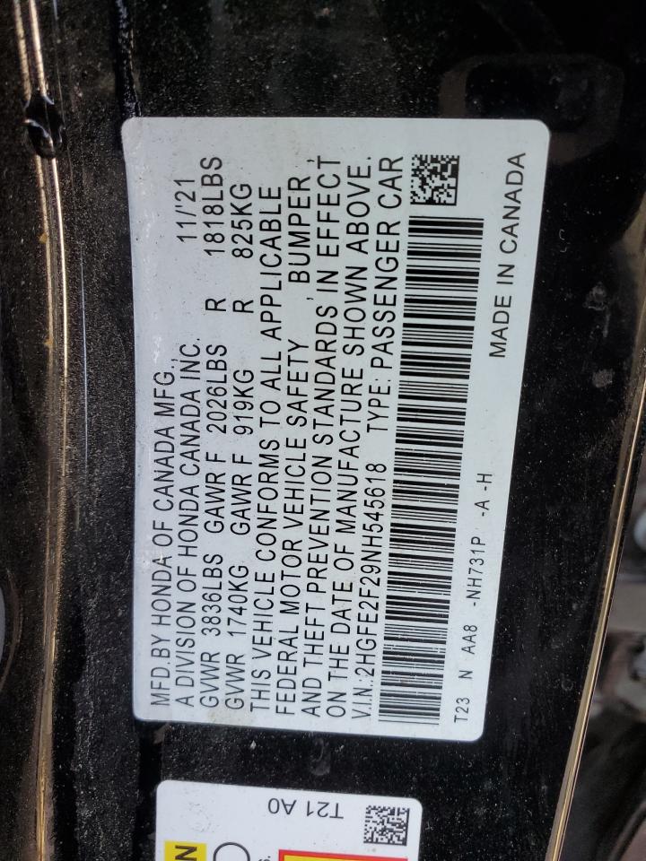 2022 HONDA CIVIC LX VIN:2HGFE2F29NH545618