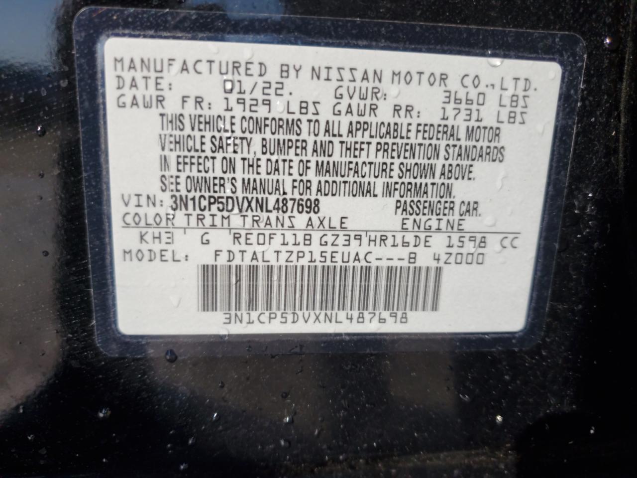 2022 NISSAN KICKS SR VIN:3N1CP5DVXNL487698