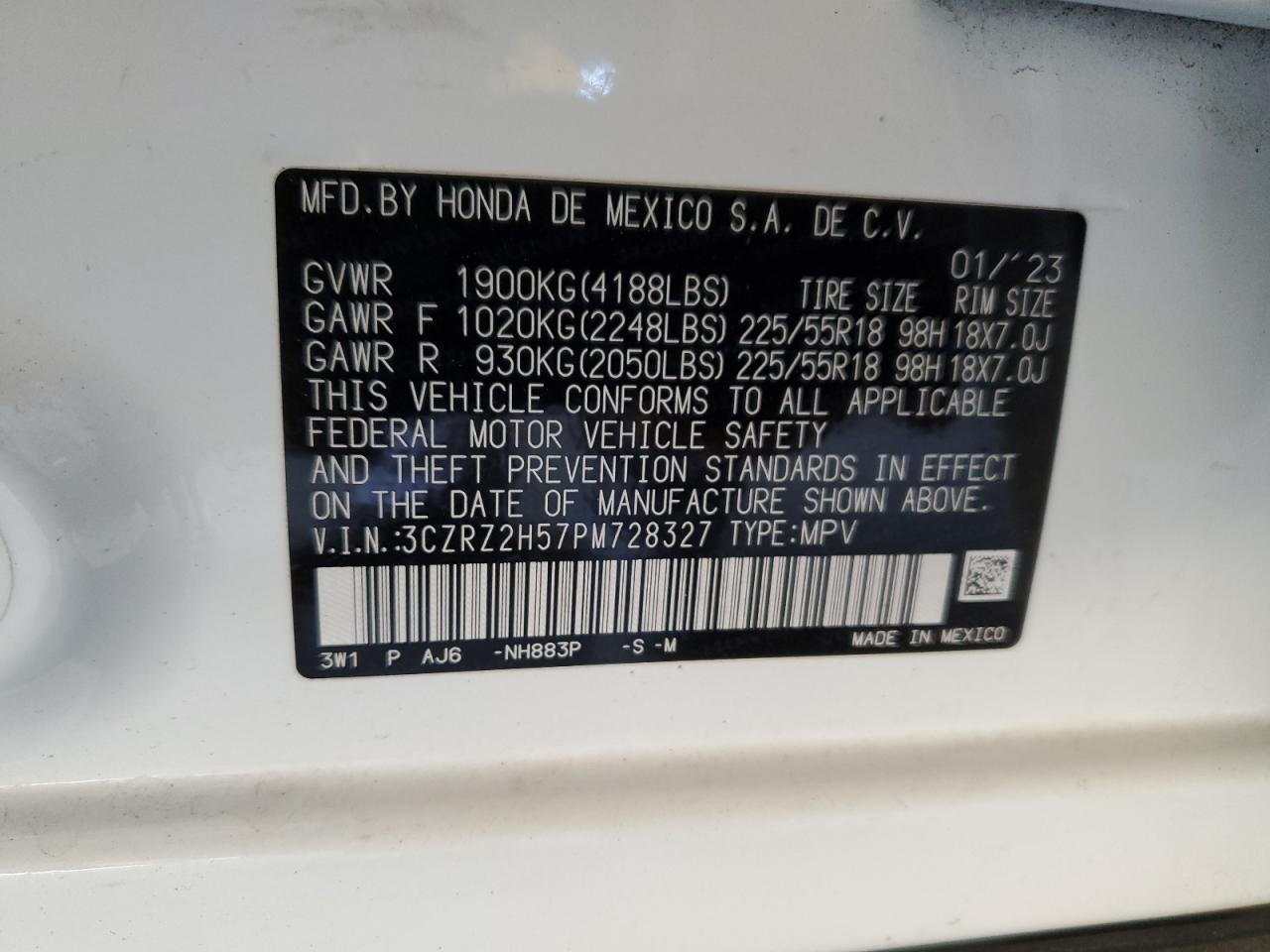 2023 HONDA HR-V SPORT VIN:3CZRZ2H57PM728327